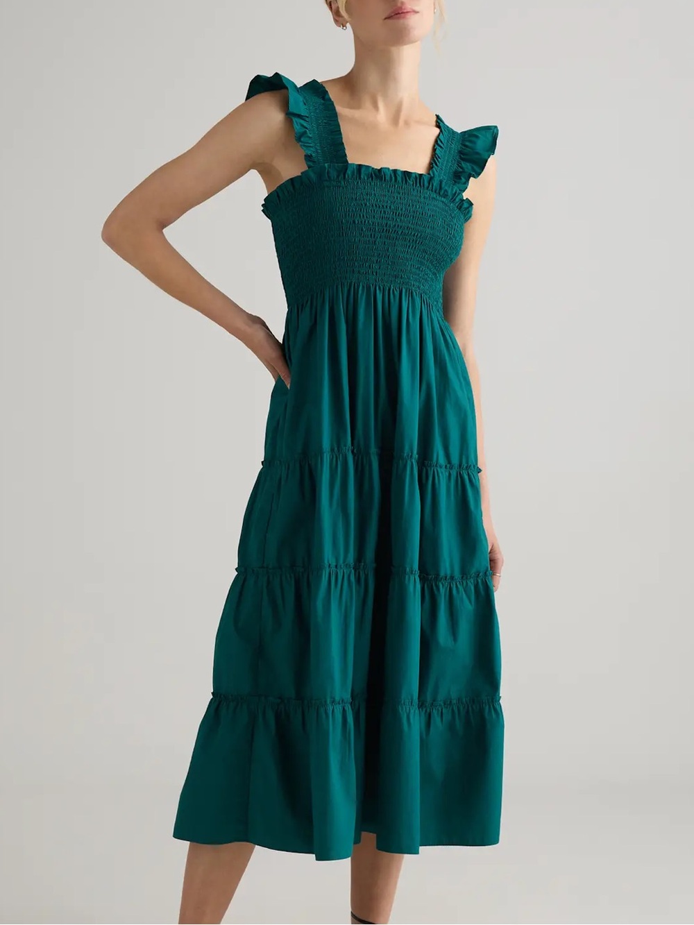 Quince 100% Organic Cotton Poplin Smocked Midi Dress Garden Green